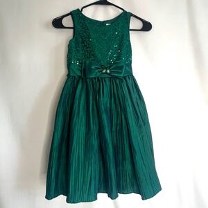 Girls Green Sequined Taffeta Dress Satin Bow Party Twirly Sparkle Formal Tulle